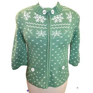 DC Sweater Womens Sz. PS Knit Full Zip Snowflake 3/4 Sleeve Green Pockets